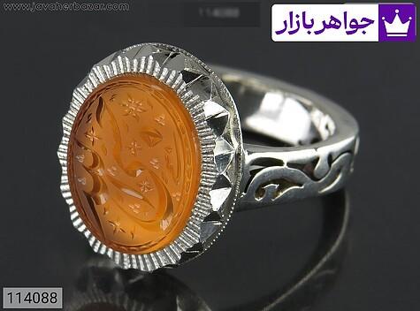 انگشتر نقره عقیق یمنی نارنجی خاک تربت مردانه دست ساز [حسبی الله] - 114088